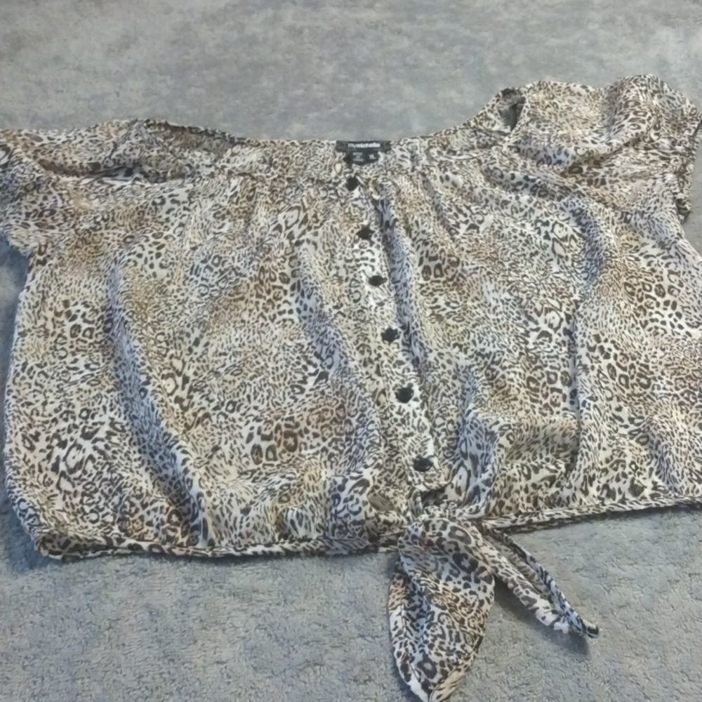My Michelle Sheer Button Down Animal Print Blouse In A Size XL Ties In The Front